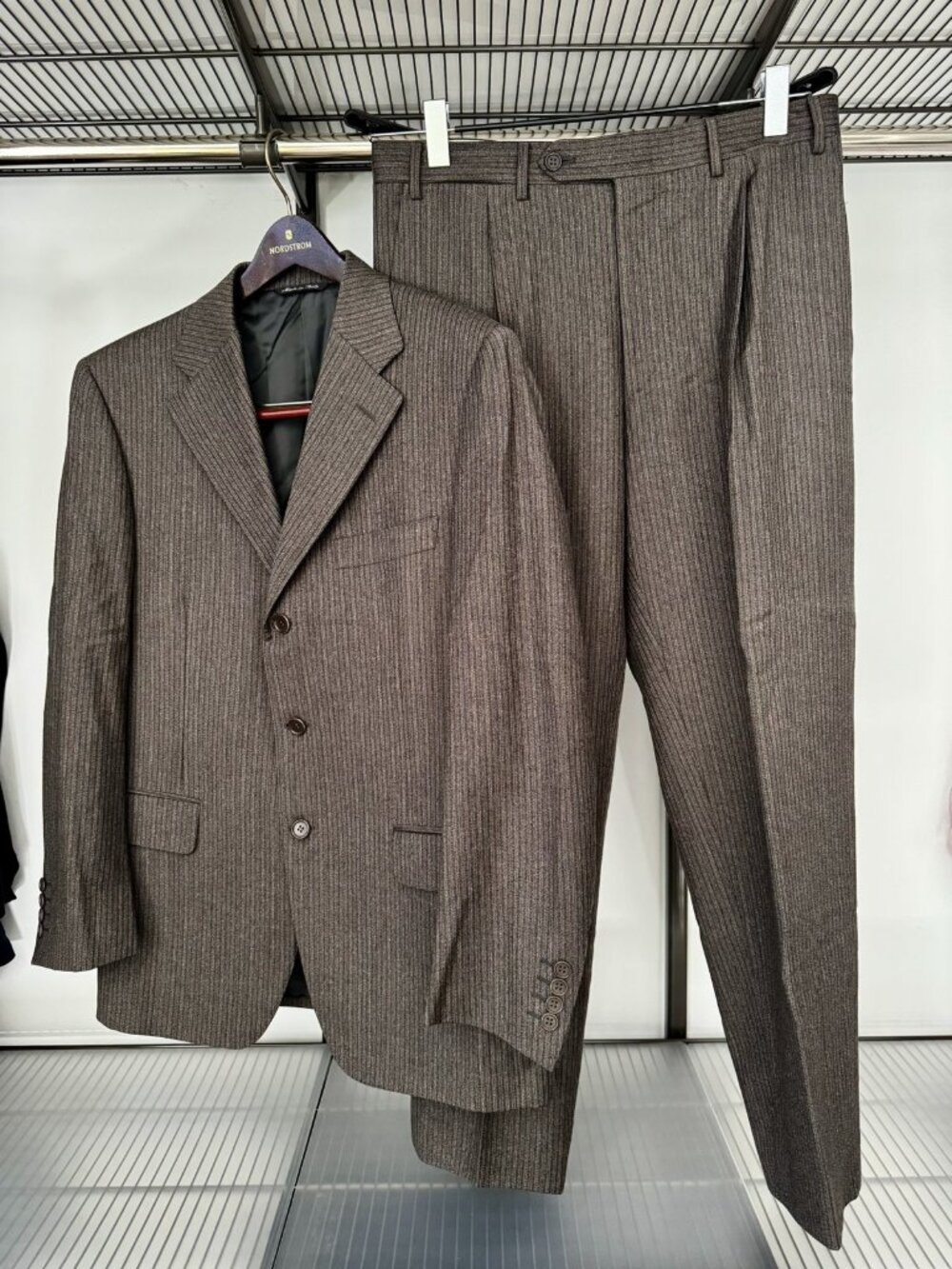 Canali Brown Stripe Super 120's Wool Suit 48 Pleated Pants Made in Italy